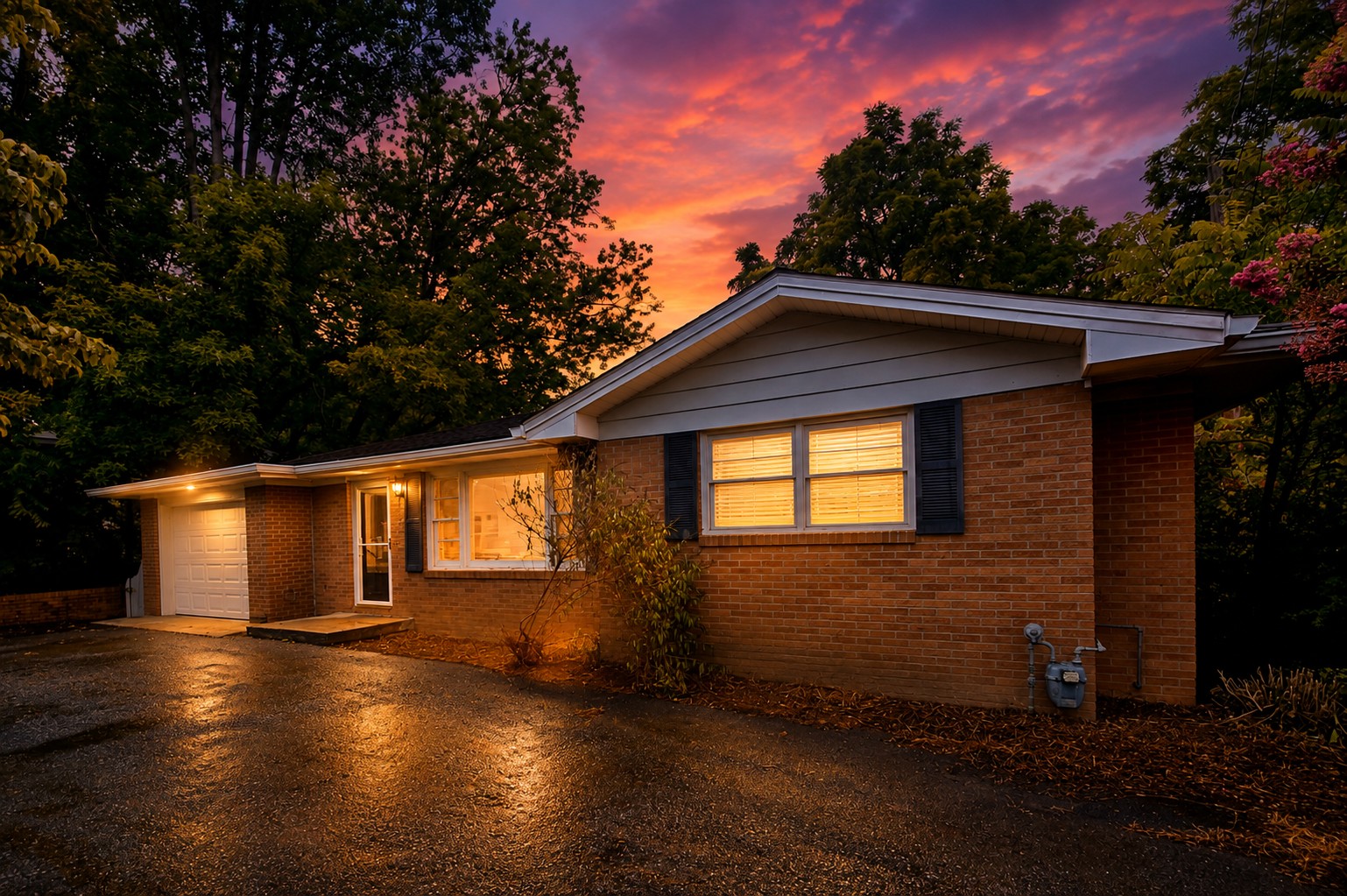 Side angle of the brick ranch at twilight